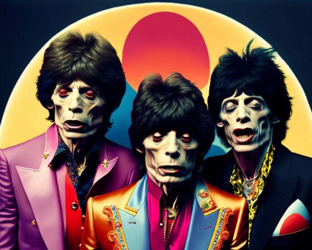 Colorful Rock Band Caricatures on Psychedelic Background