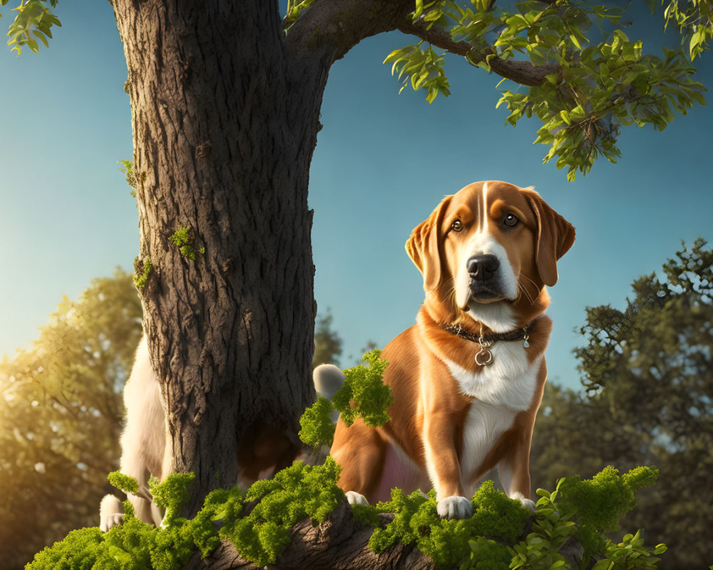 Brown and White Dog with Collar Sitting by Tree in Sunlight