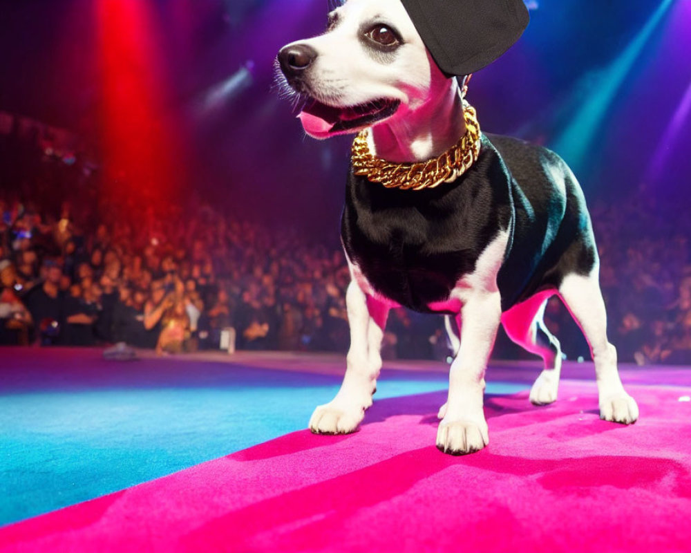 Dog in Black Cap and Gold Chain Necklace on Pink Runway