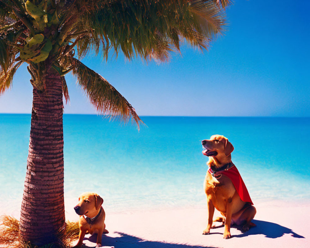 Two dogs with red cape and palm tree on sunny beach
