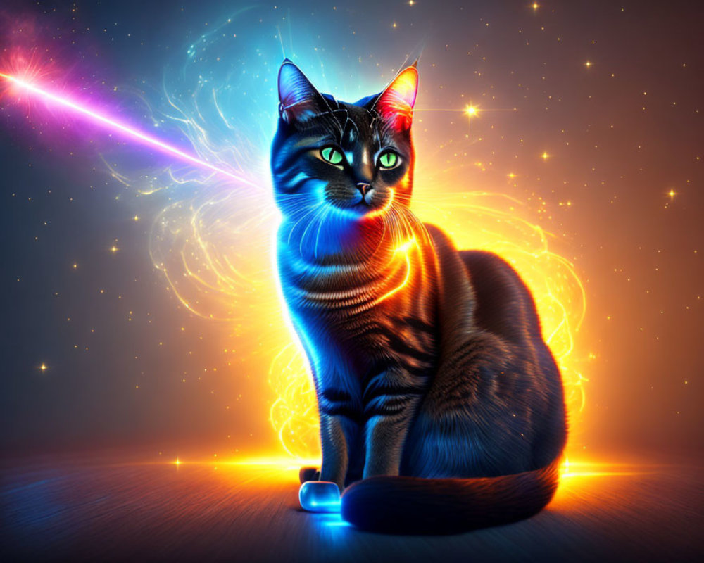 Majestic cat with glossy coat in cosmic space.