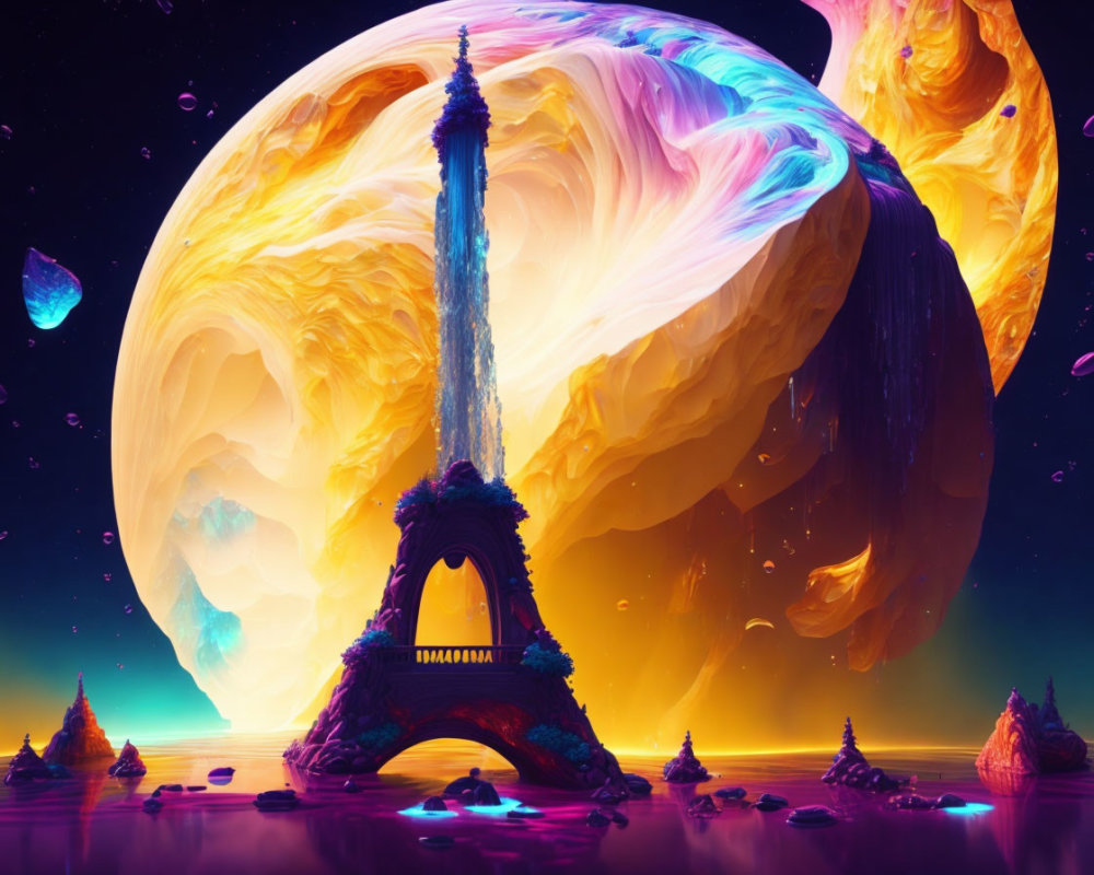 Surreal artwork: Eiffel Tower, swirling planet, floating islands