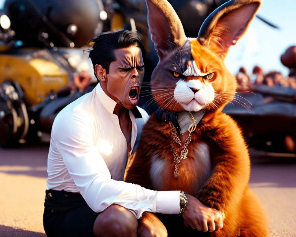 Man in white shirt confronts grumpy anthropomorphic cat among motorcycles and helicopters