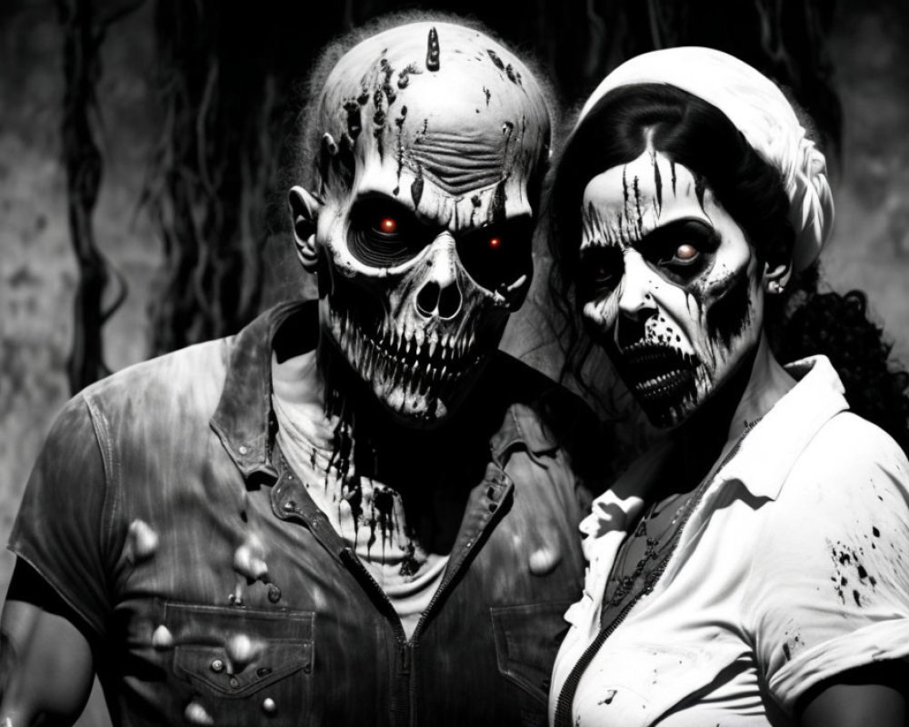 Two individuals in skull makeup with glowing red eyes in dark, eerie ambiance