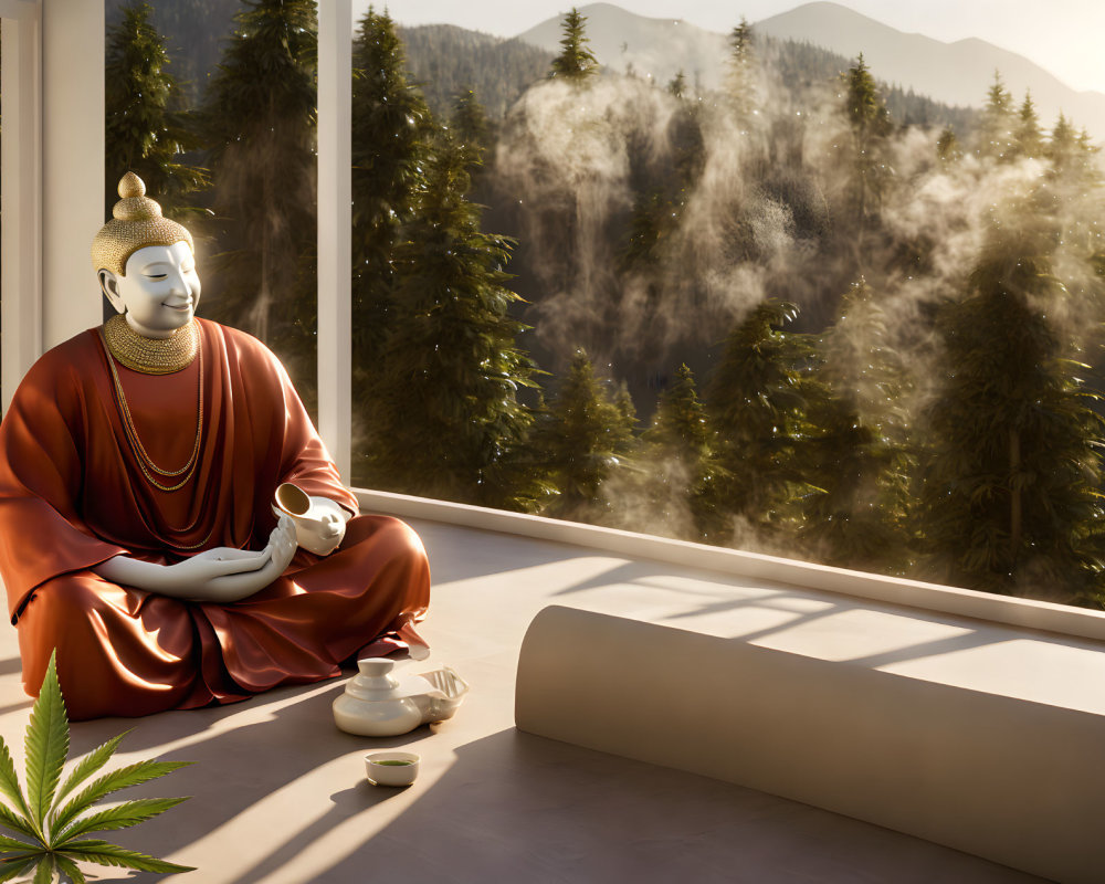 Buddha statue in meditation near window with mountain view
