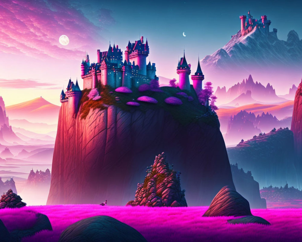 Majestic castles on steep cliffs under twilight sky