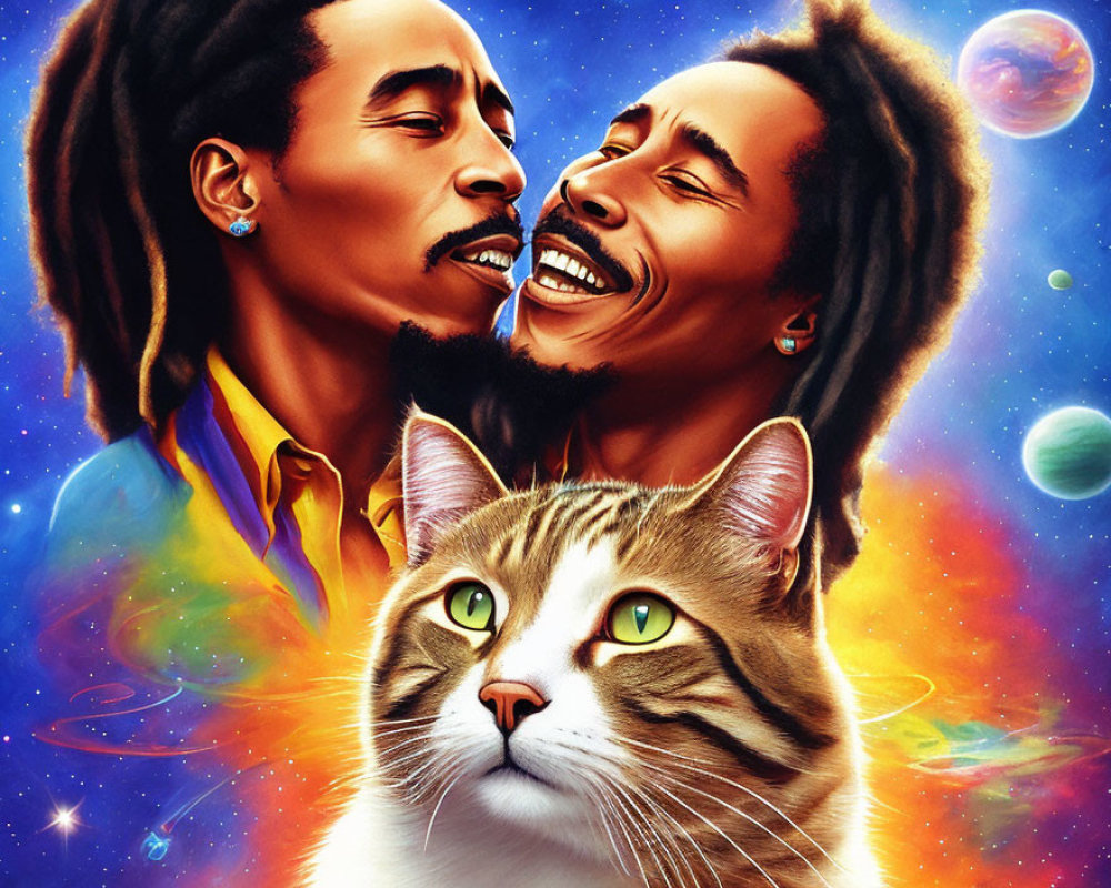 Colorful artwork of two men with dreadlocks and a cat in cosmic setting