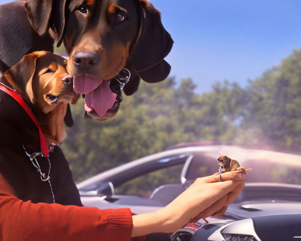 Hand holding miniature dog captivates larger dogs in vehicle