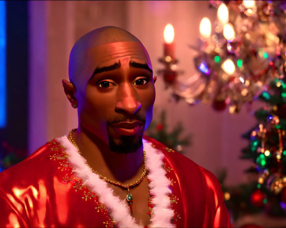 Serious man in Santa costume by a Christmas tree with lit candles