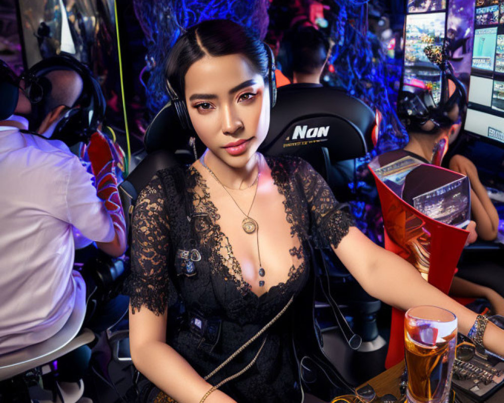 Woman in black at gaming setup with headphones and glowing keyboard, others gaming in background