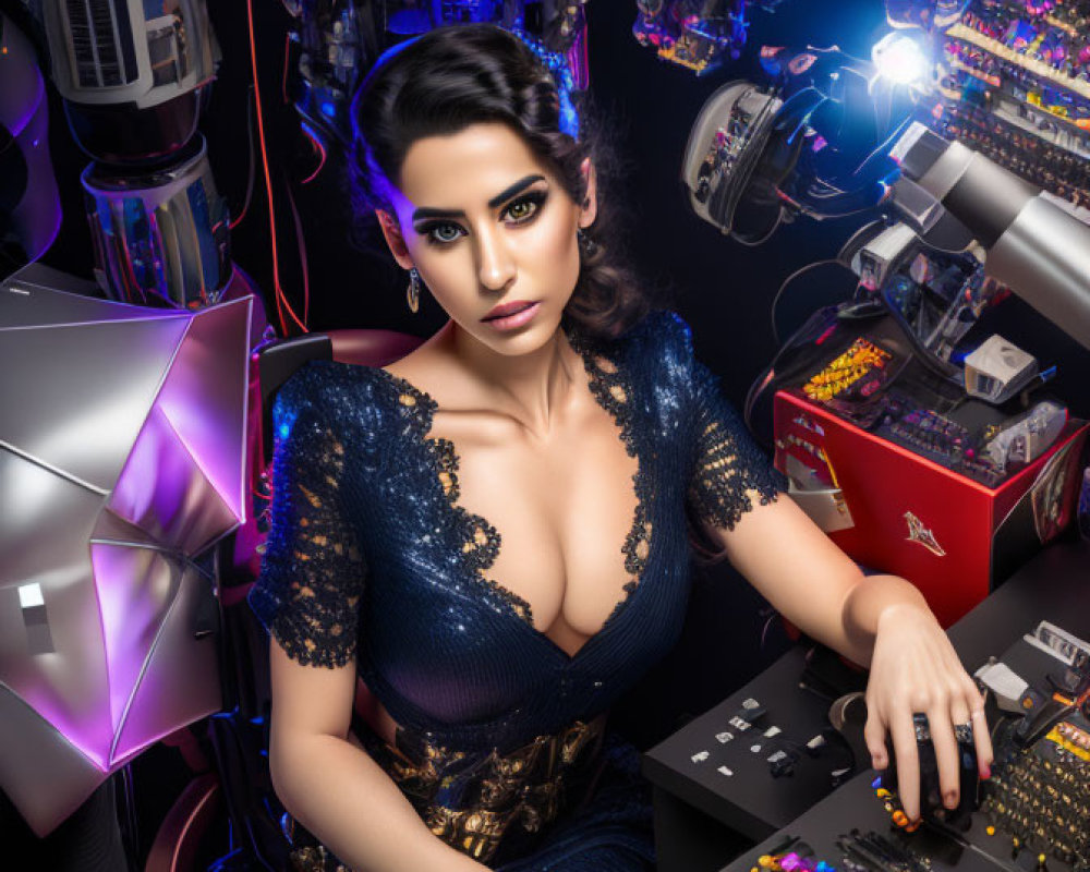 Woman with dramatic makeup at synthesizer amid futuristic electronic setup.