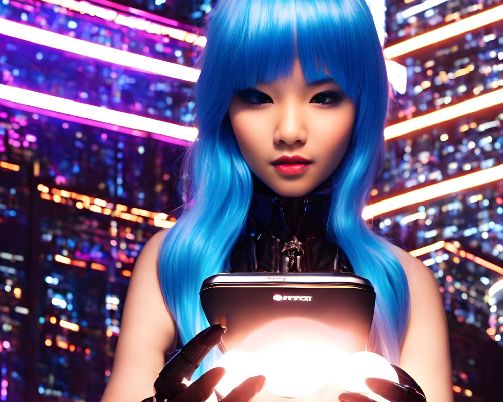 Blue-haired person holding a glowing orb against futuristic cityscape.