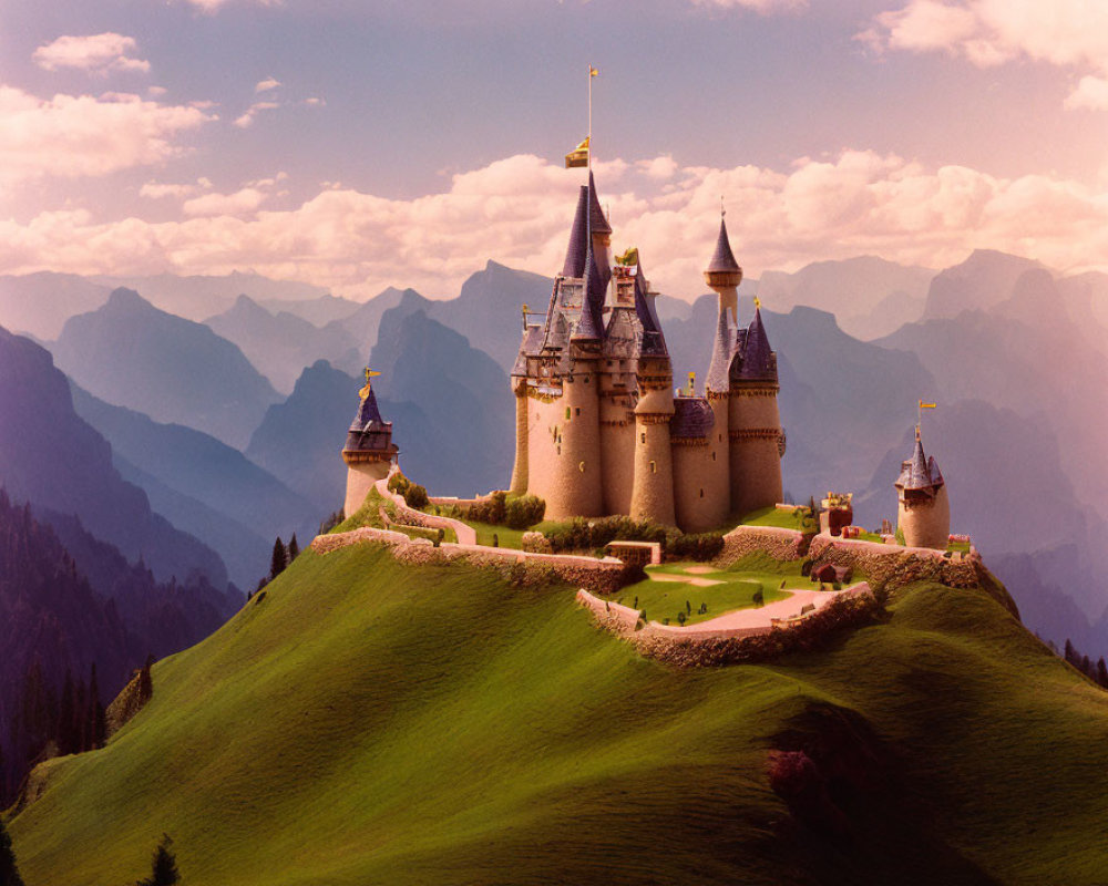 Fantasy castle with multiple spires on lush green hilltop.
