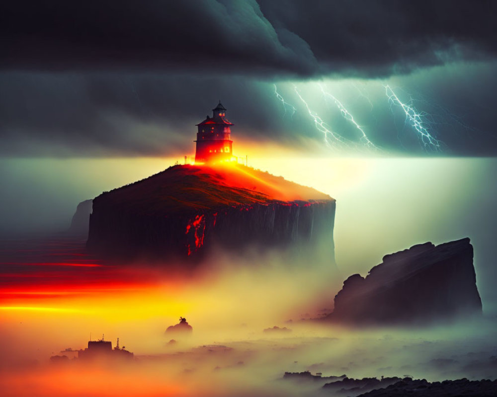 Lighthouse on cliff struck by lightning in stormy sky