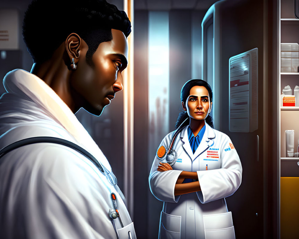Medical professionals in clinic with stethoscope, serious demeanor