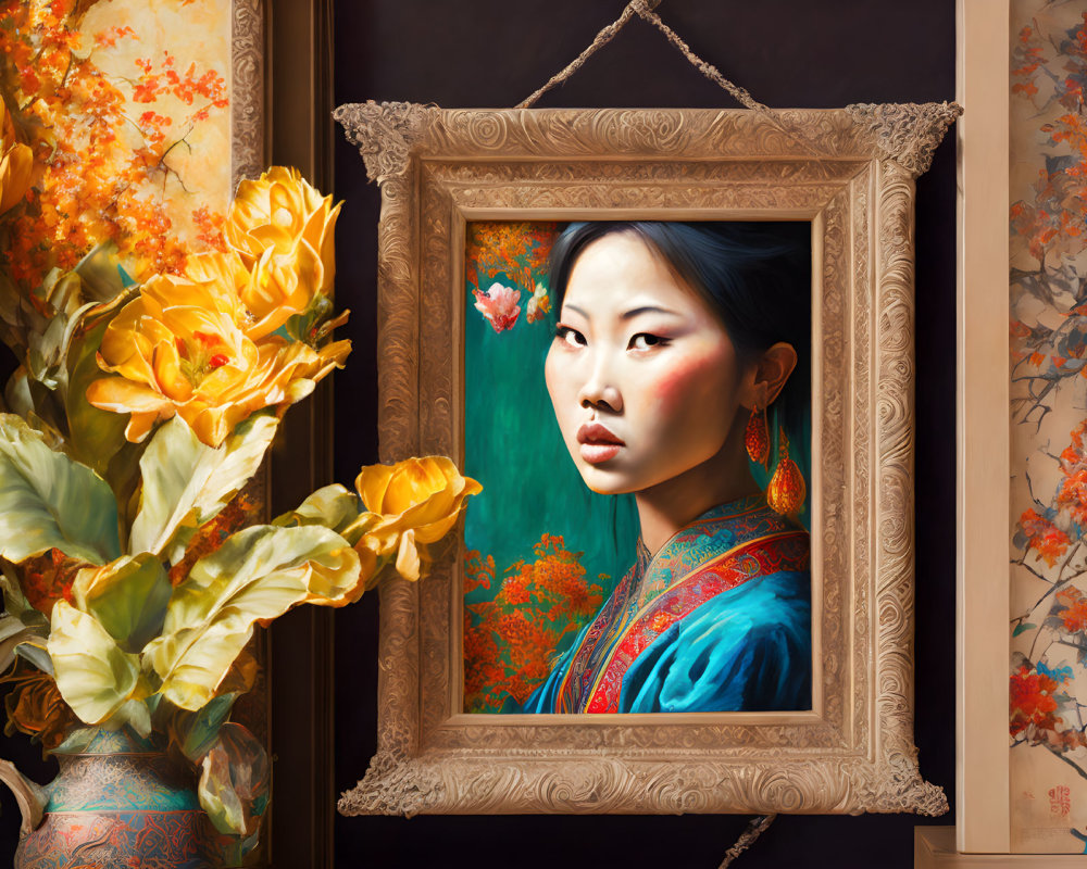 Asian woman portrait with floral background in traditional attire and earrings, framed on wall.
