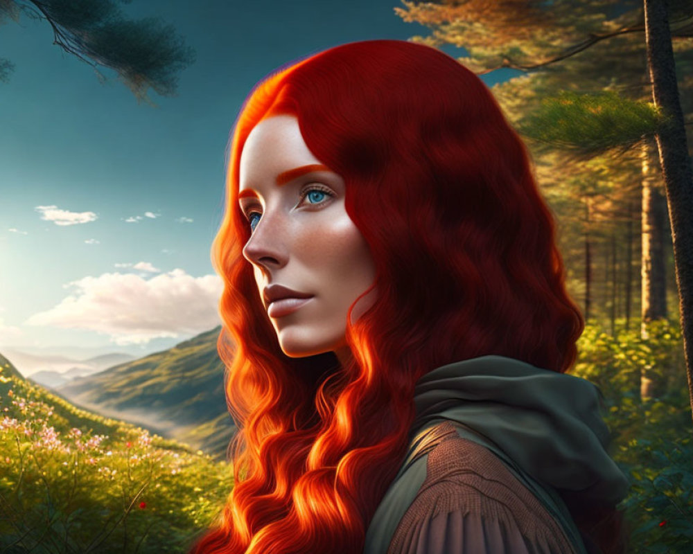 Digital artwork: Woman with vibrant red hair in serene expression, forest and mountain backdrop