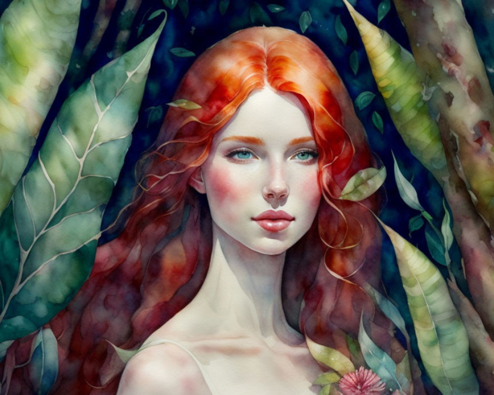 Red-haired woman in nature-themed watercolor portrait
