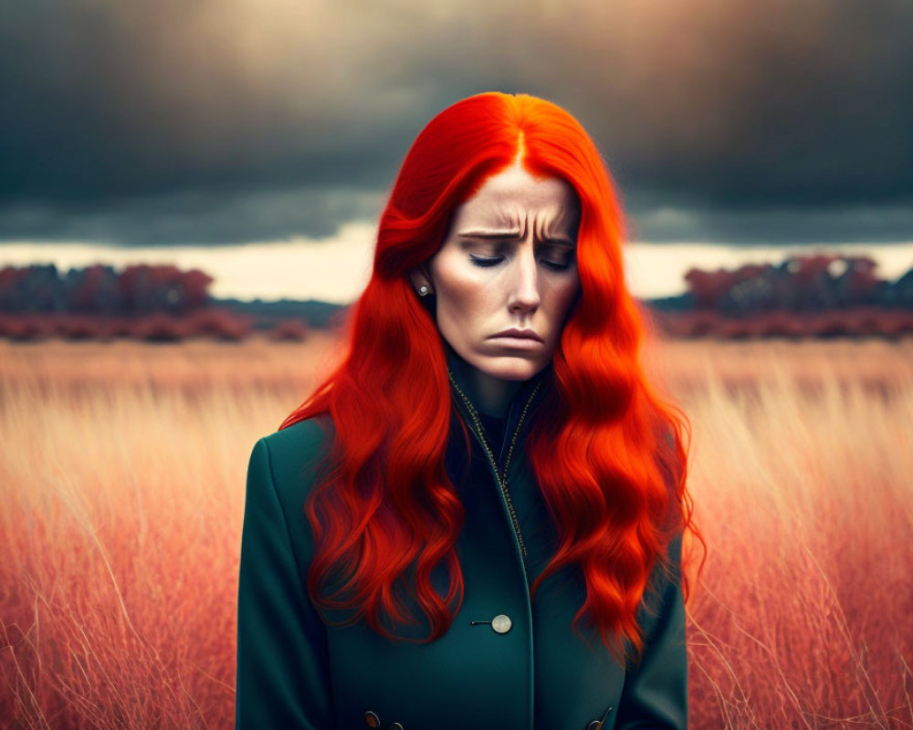 Red-haired woman in green coat against moody landscape.