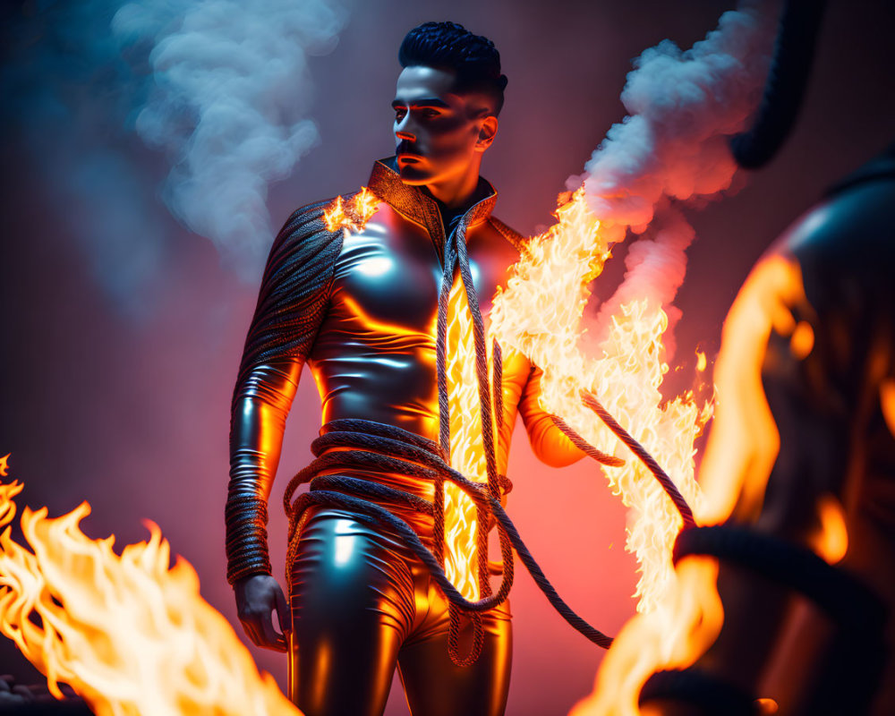 Silver-suited person tied with a rope in fiery backdrop