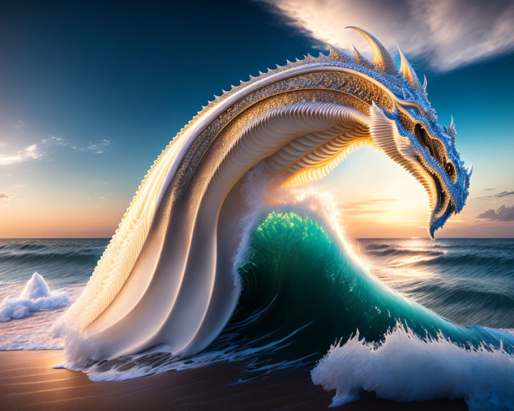 Digital artwork: Majestic dragon in ocean wave against sunset sky