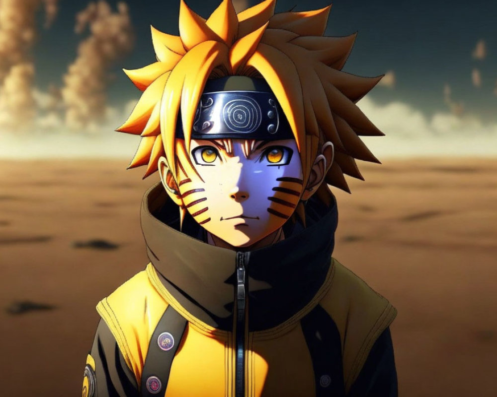 Blond spiky hair anime character in black and orange jacket with desert backdrop