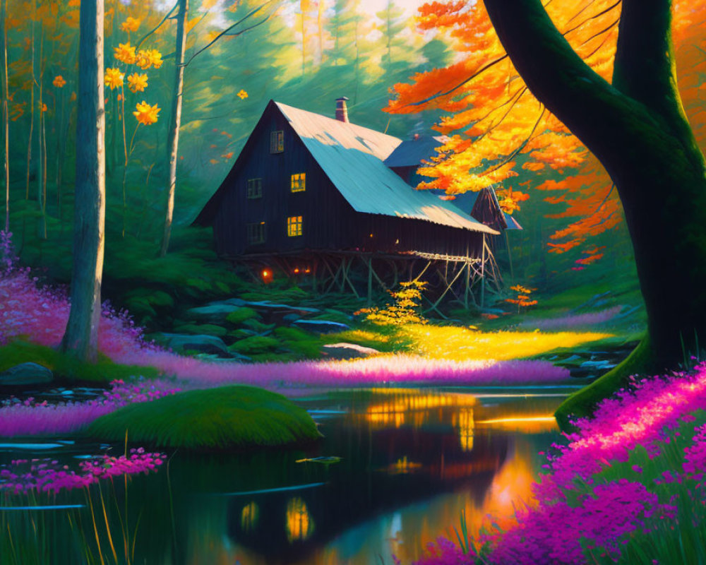 Cozy cabin in autumn forest with pond and warm light