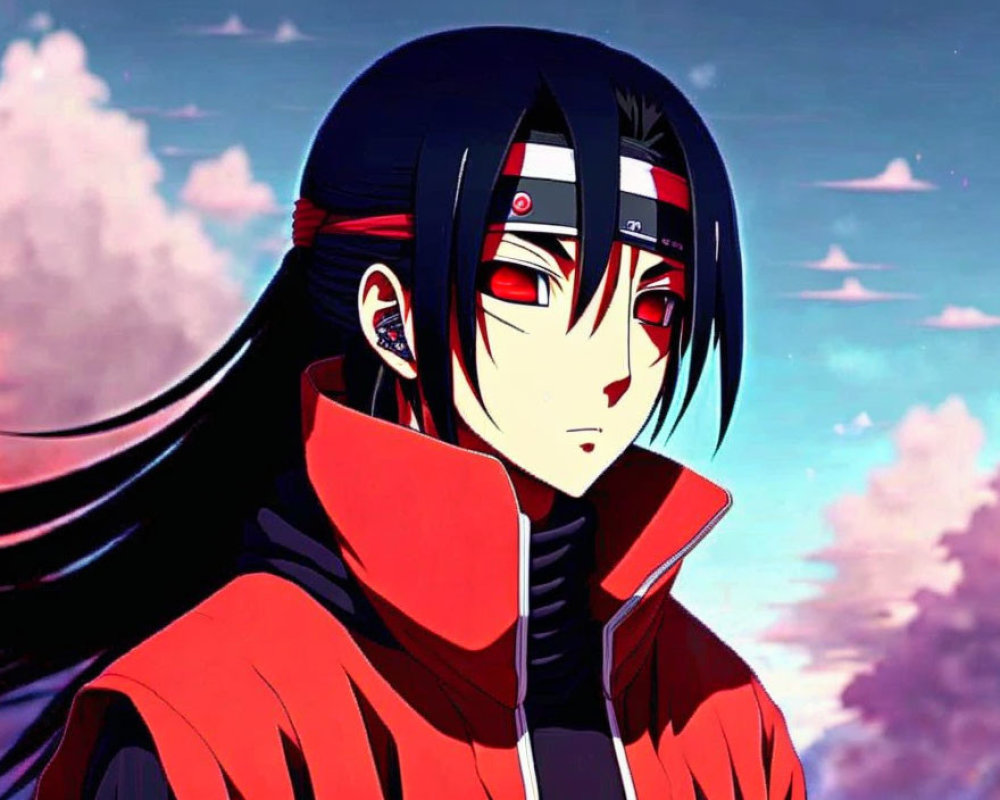 Black-haired animated character in red attire under twilight sky