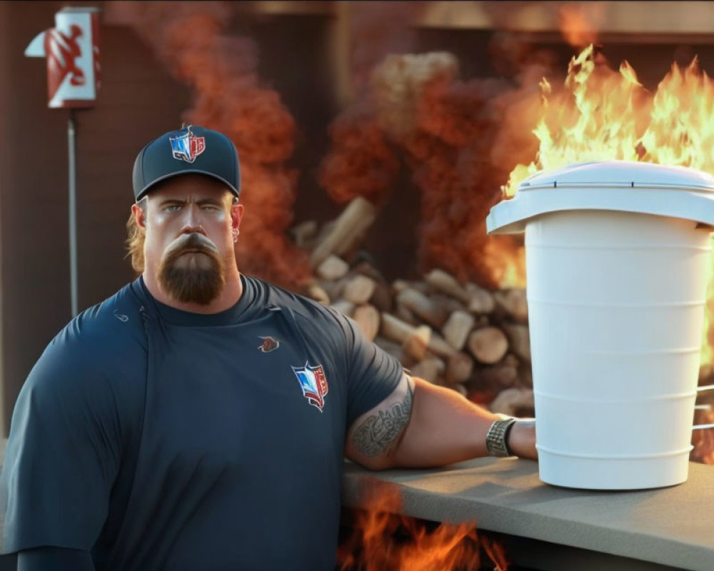 Bearded man in sports jersey with cooler by blazing fire