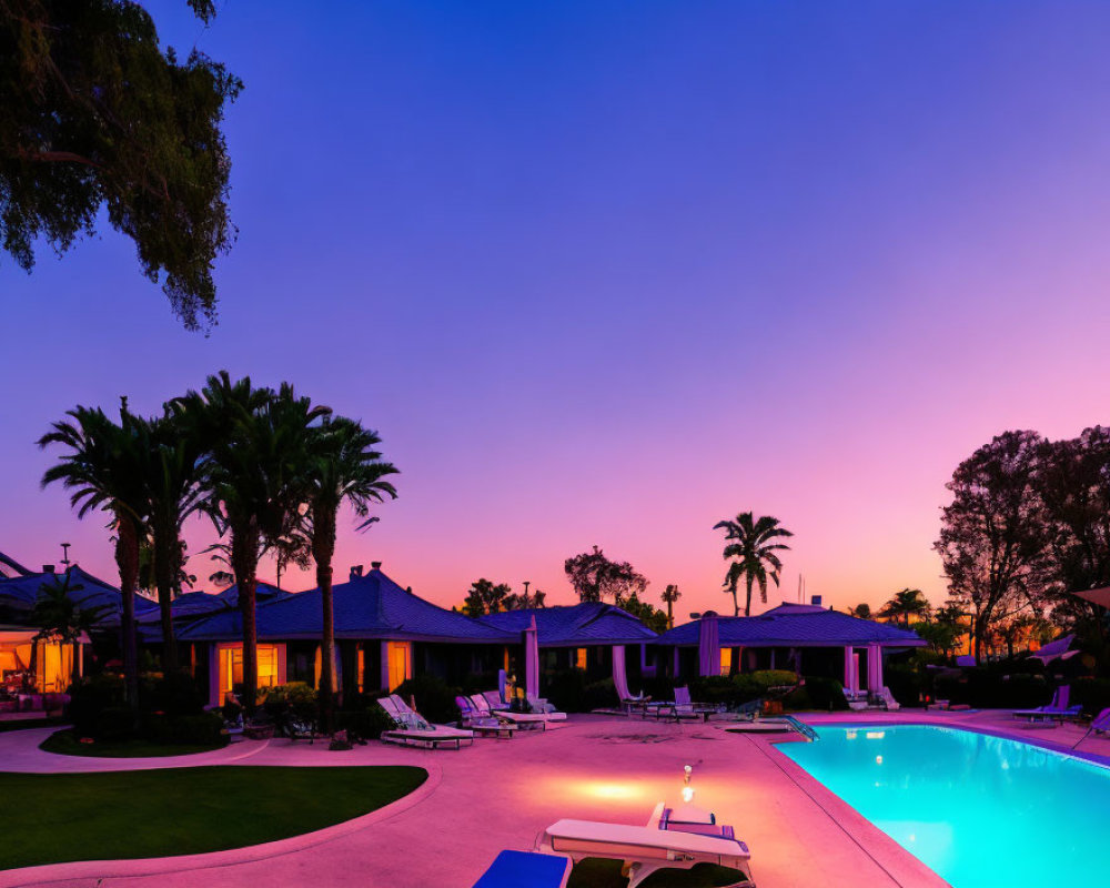 Luxurious Poolside Area at Twilight with Purple Skies and Palm Trees