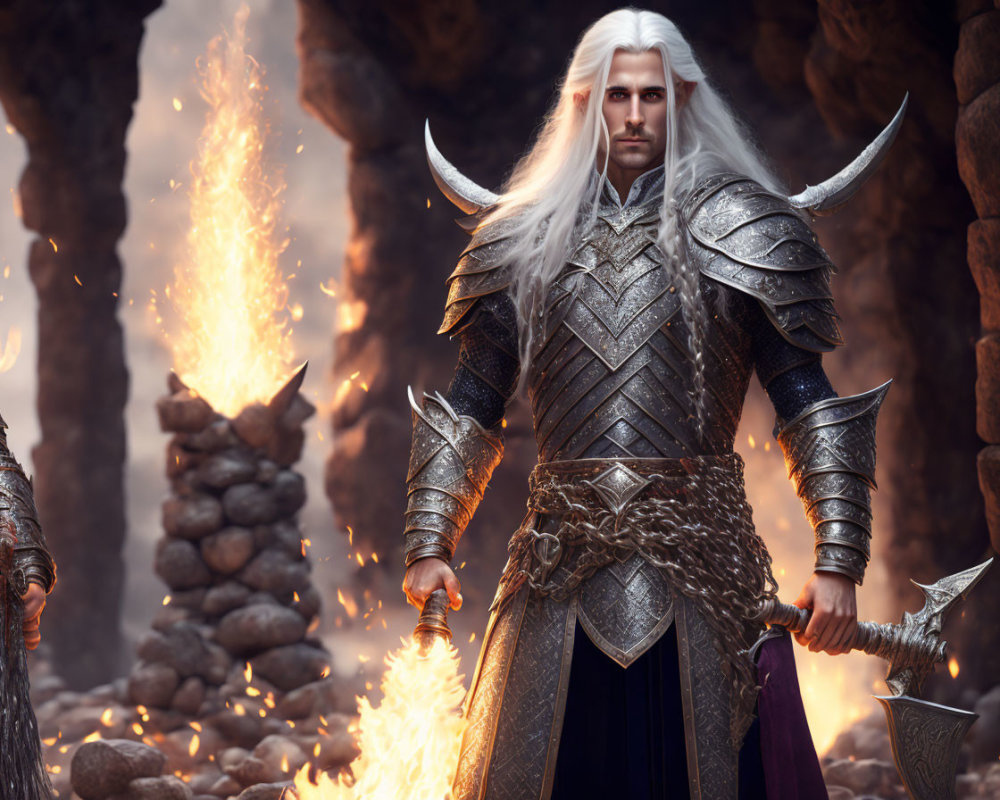 Fantasy warrior digital artwork: white-haired, silver armor, twin axes, fiery backdrop