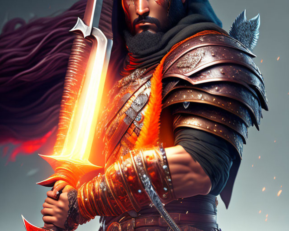 Ornate armored warrior with glowing sword in moody setting