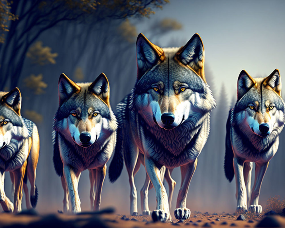 Four wolves in forest setting, one in focus.
