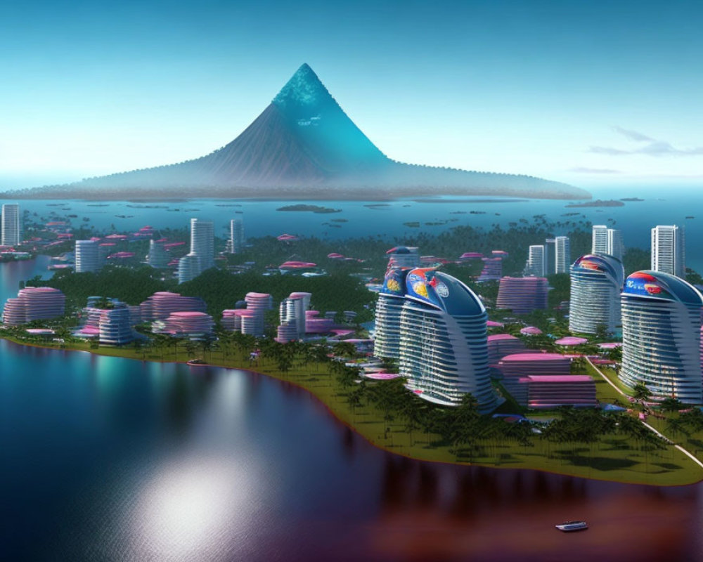 Futuristic cityscape with curved skyscrapers, volcanic mountain, and water body