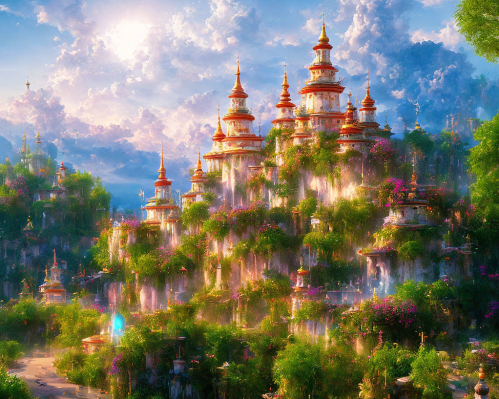 Golden-domed temples in lush landscape with waterfalls and radiant sun.