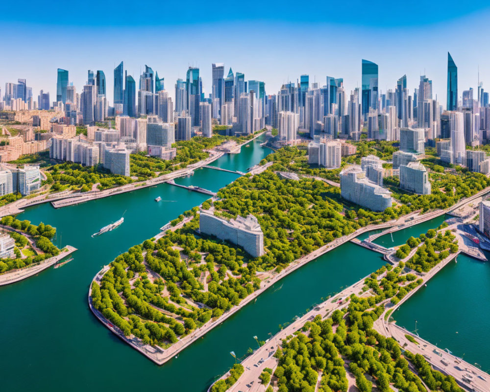 Modern cityscape with skyscrapers, river, parks & blue skies