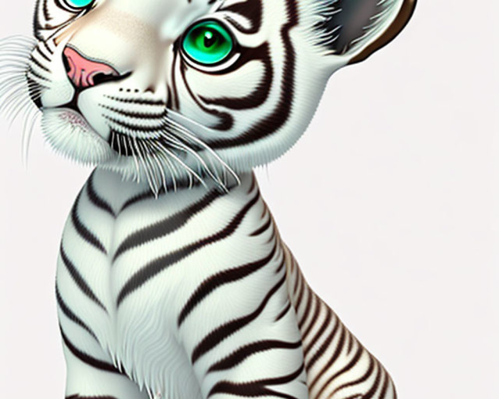 White Tiger Cub with Black Stripes and Green Eyes Illustration