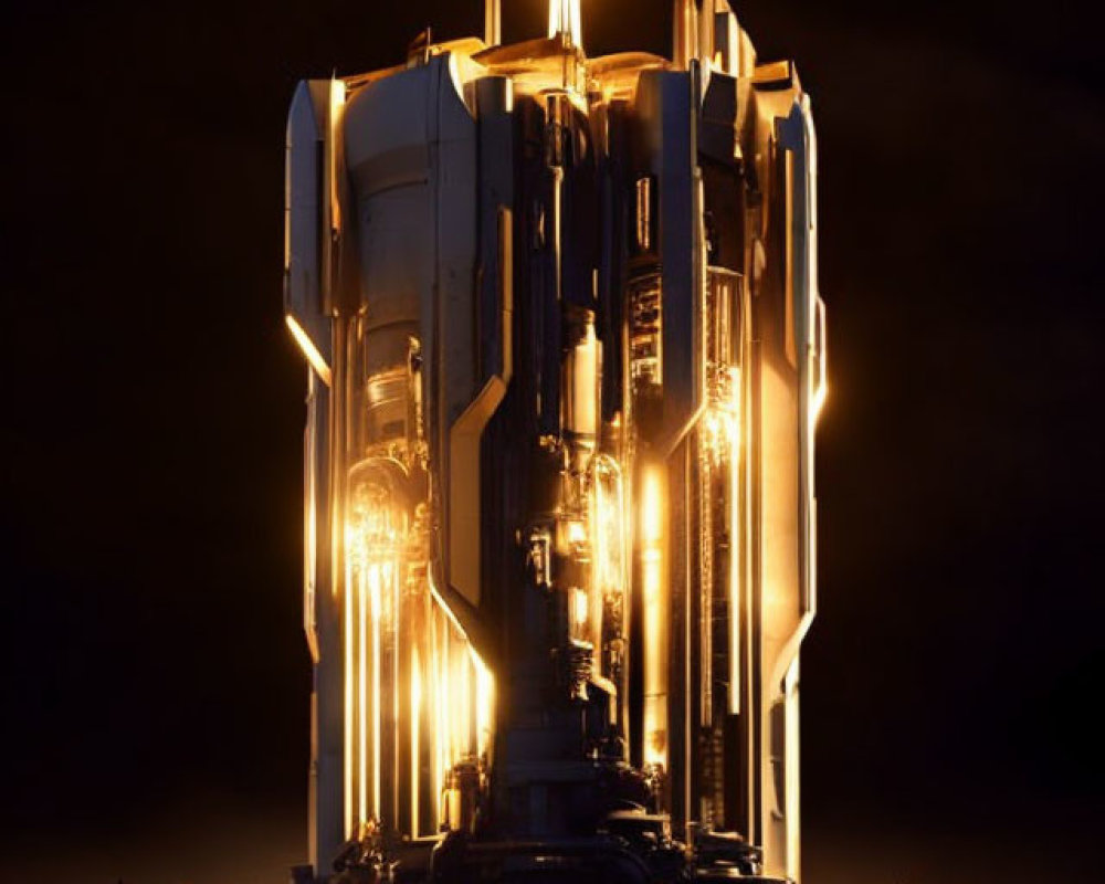 Futuristic skyscraper glowing gold on dark background