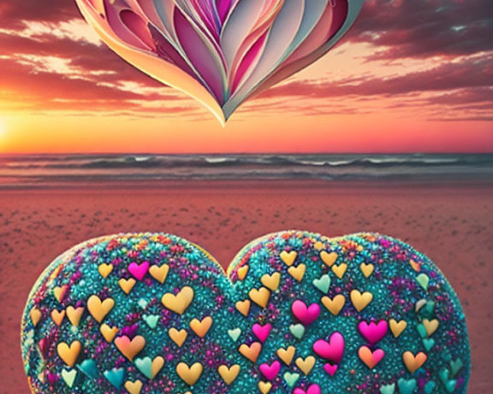 Layered heart above vibrant heart-shaped rock on beach at sunset