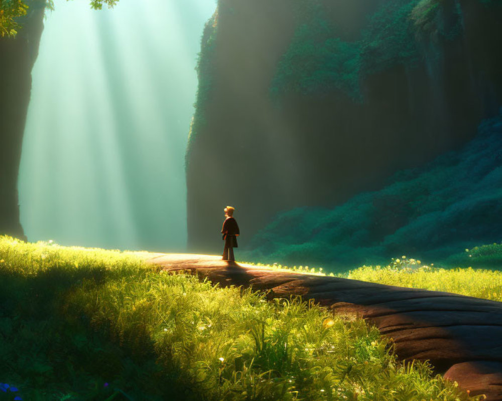 Person in lush forest clearing with waterfall and cliffs