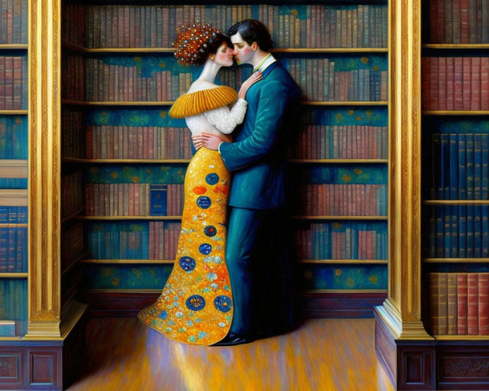 Romantic couple embracing in library filled with books
