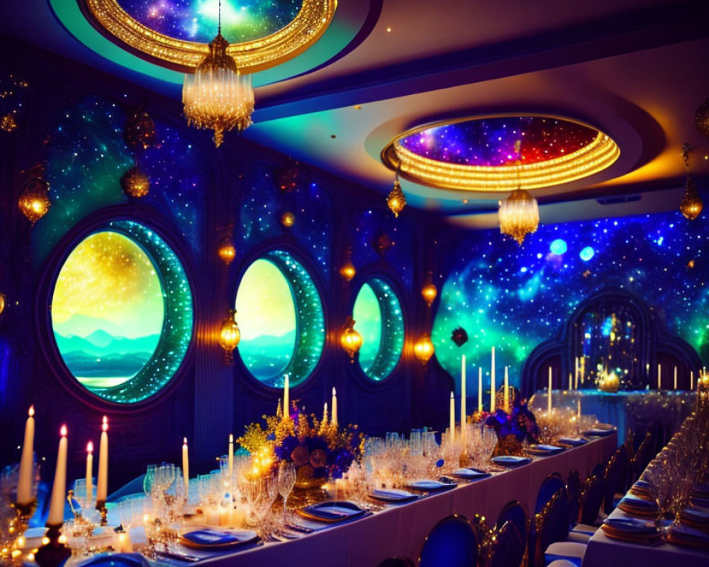 Luxurious Dining Hall with Space Views and Elegant Decor