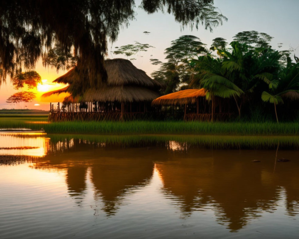 Riverside thatched huts, palm trees, and golden sunset reflections
