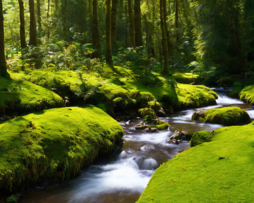 Forest stream under sunlight with moss-covered rocks
