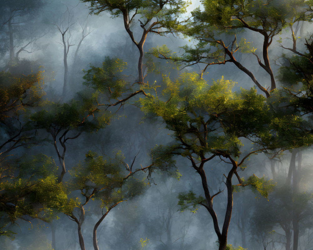 Tranquil forest scene with sunlight, mist, trees, and grazing deer