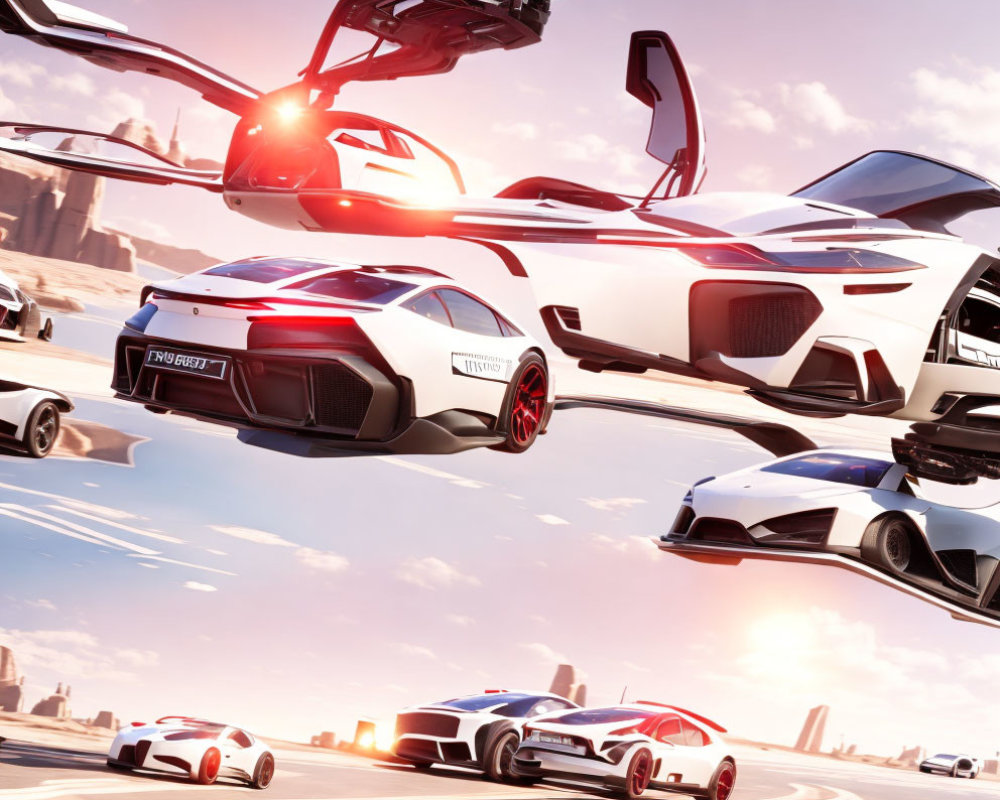 Flying cars with open wings above sunlit road and clear sky