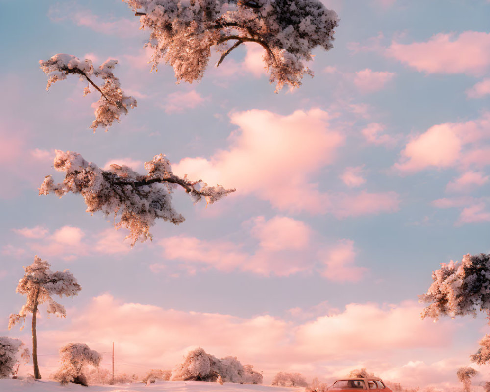 Vintage Car in Snowy Landscape with Snow-Covered Trees and Pink Sky