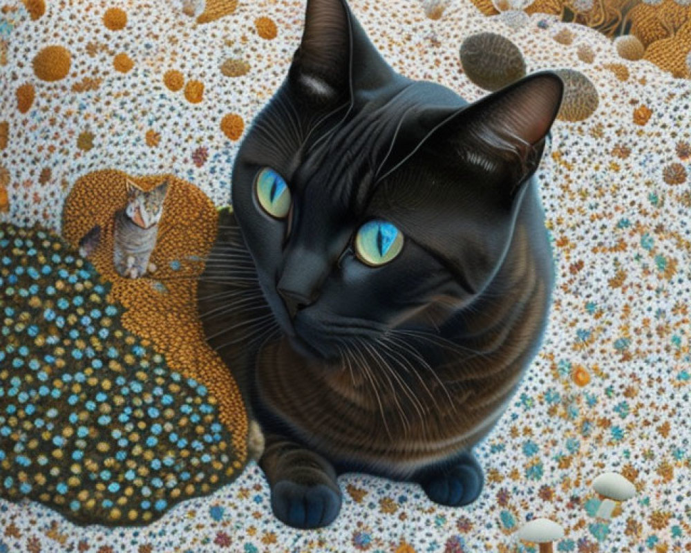 Surreal artwork: Large black cat with blue eyes in whimsical landscape