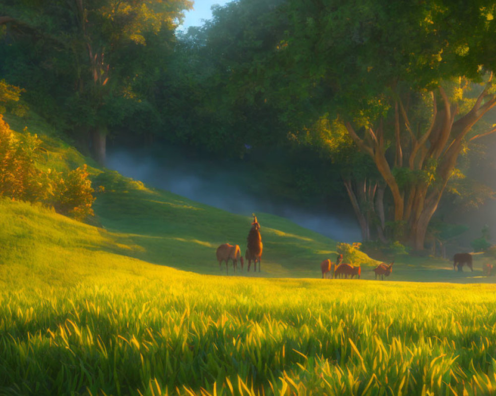 Sunlit meadow with grazing horses and misty forest background