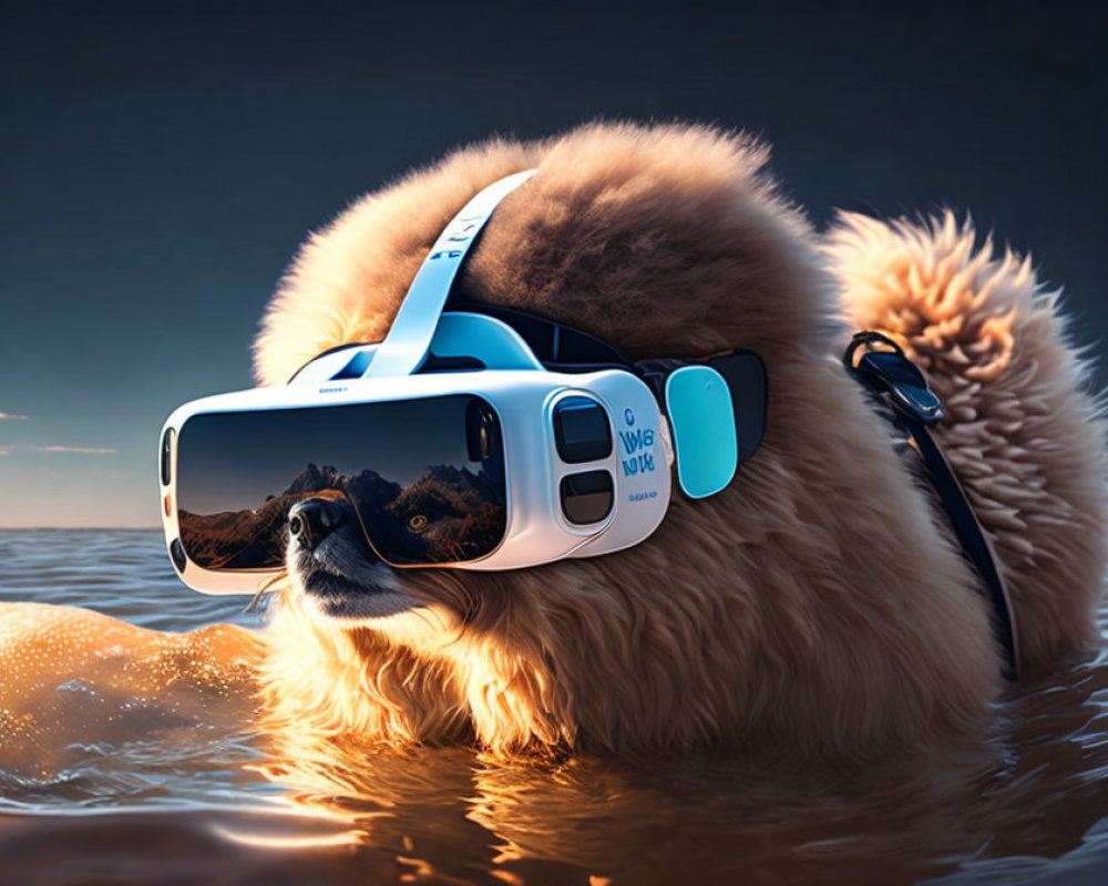 Fluffy dog in virtual reality with serene ocean backdrop